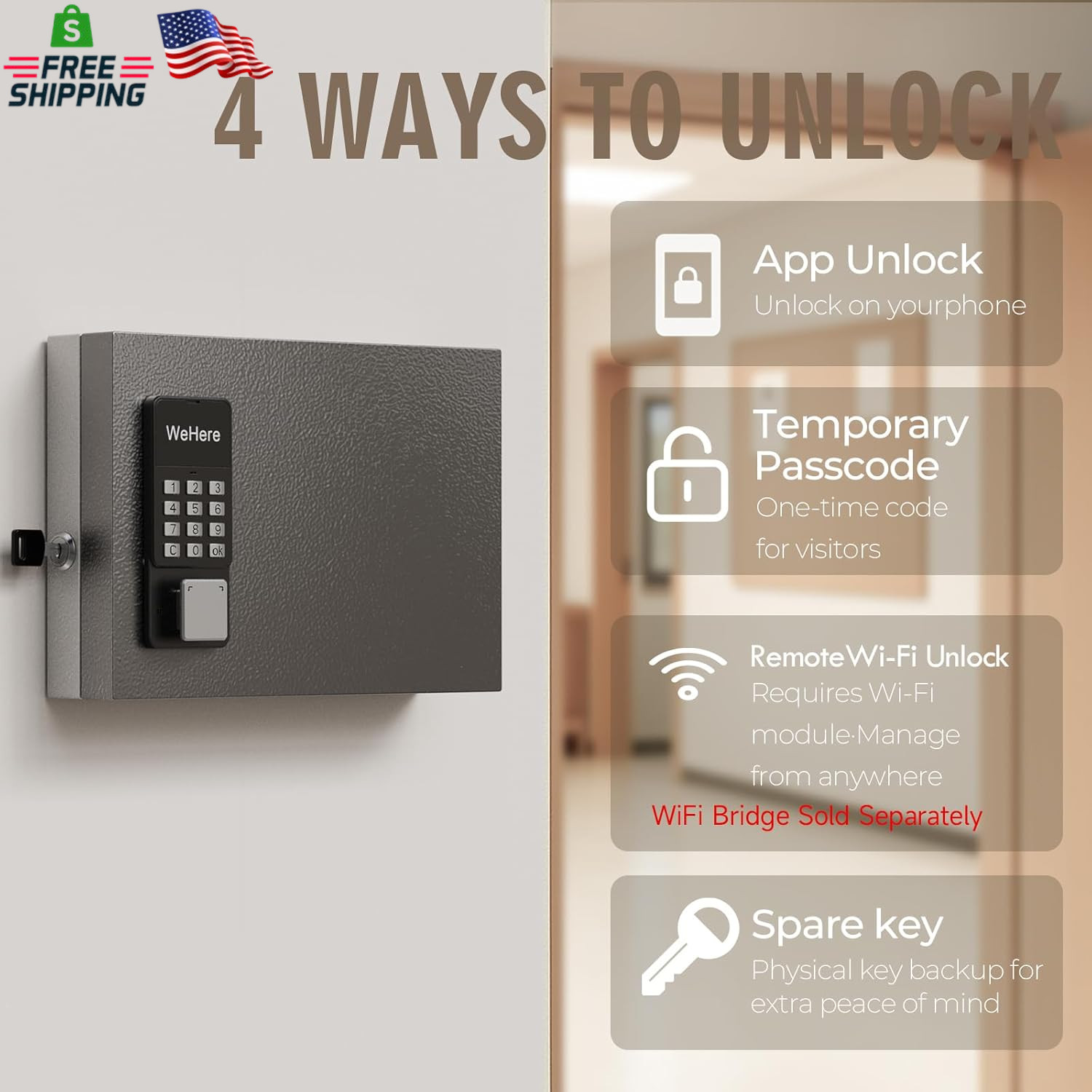 Wehere 16 Key Lock Box Wall Mount, APP Bluetooth/Otp/Wi-Fi/Fixed Code/Key Unlock