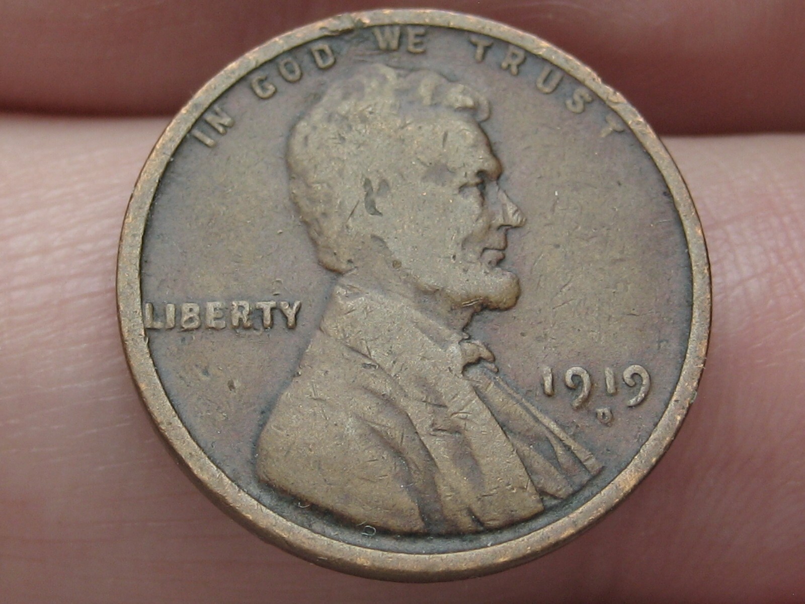 1919 D Lincoln Cent Wheat Penny- Denver, VG Details, Chocolate Brown