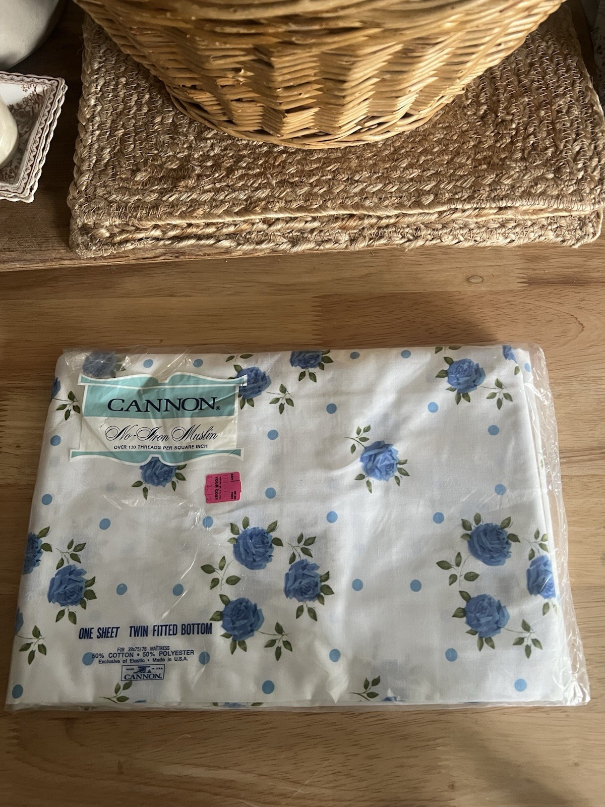 Vintage Cannon Full Fitted Sheet- Floral Rose Blue Dot Muslin