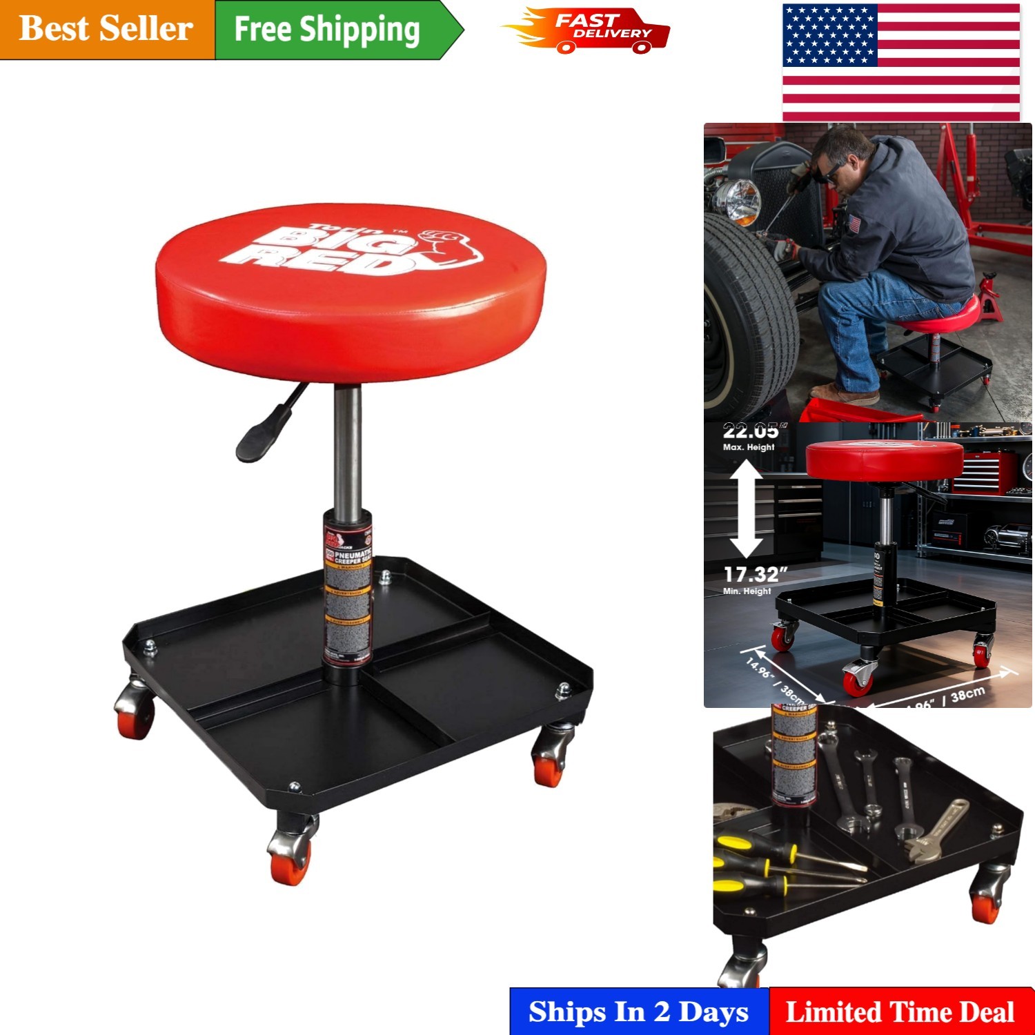 Heavy-Duty TR6350 Pneumatic Garage Stool - Red Adjustable Seat & Swivel Casters