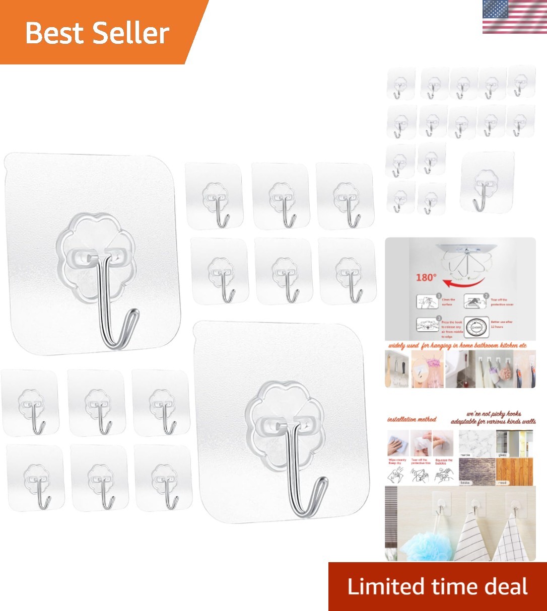 Waterproof Reusable Wall Hooks 14 Pack - 33 lbs Max Capacity, Seamless Design