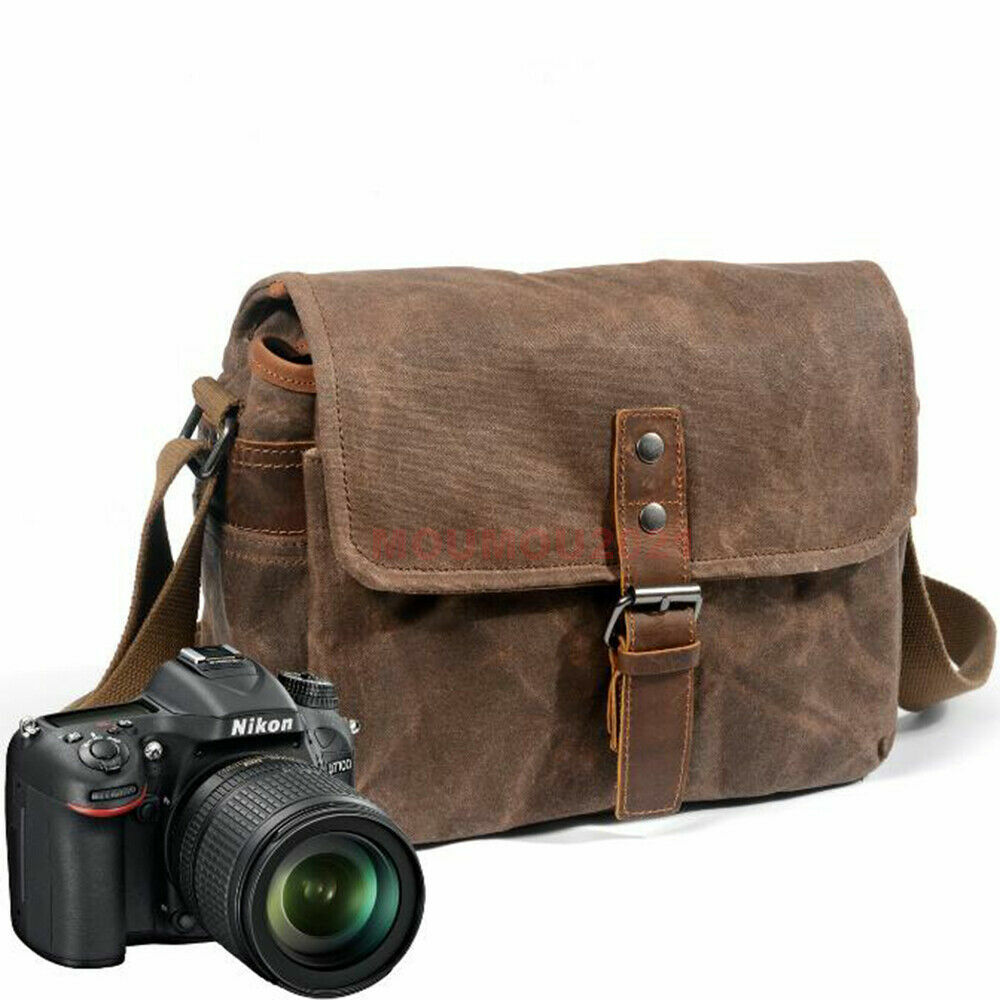 Vintage Waterproof Canvas Leather Trim DSLR SLR Shockproof Camera Messenger Bag