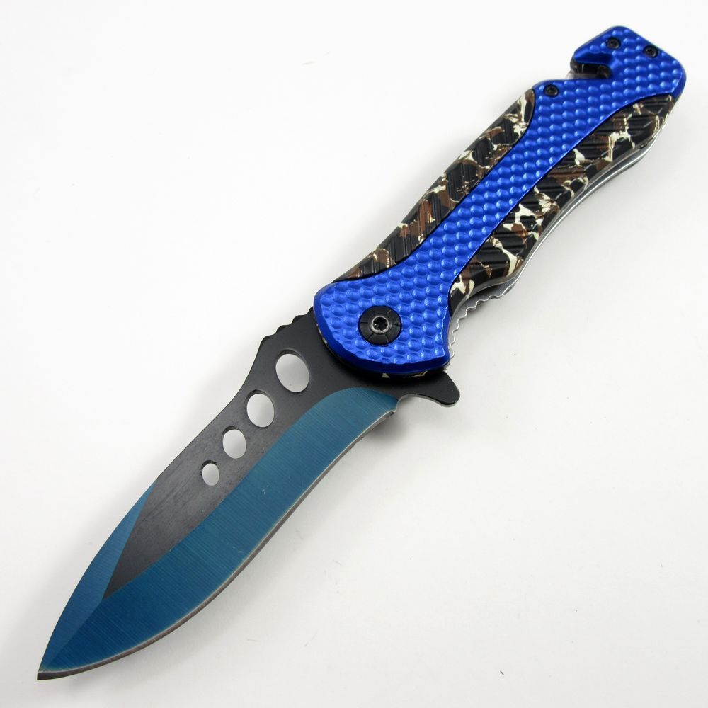 NEW Pocket Knife Spring-Assist Folding Blue Black Blade Camo Hunter Tactical EDC