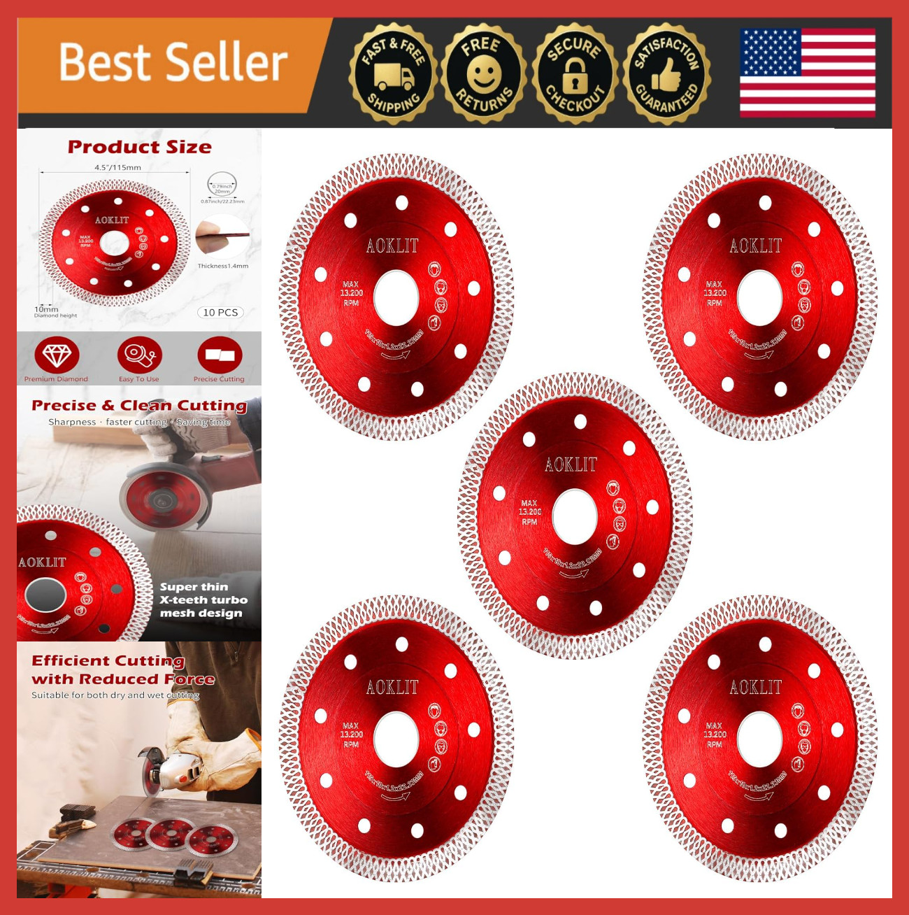4.5" Super Thin Diamond Saw Blades 5-Pack, Tile/Ceramic/Granite Cutting Discs
