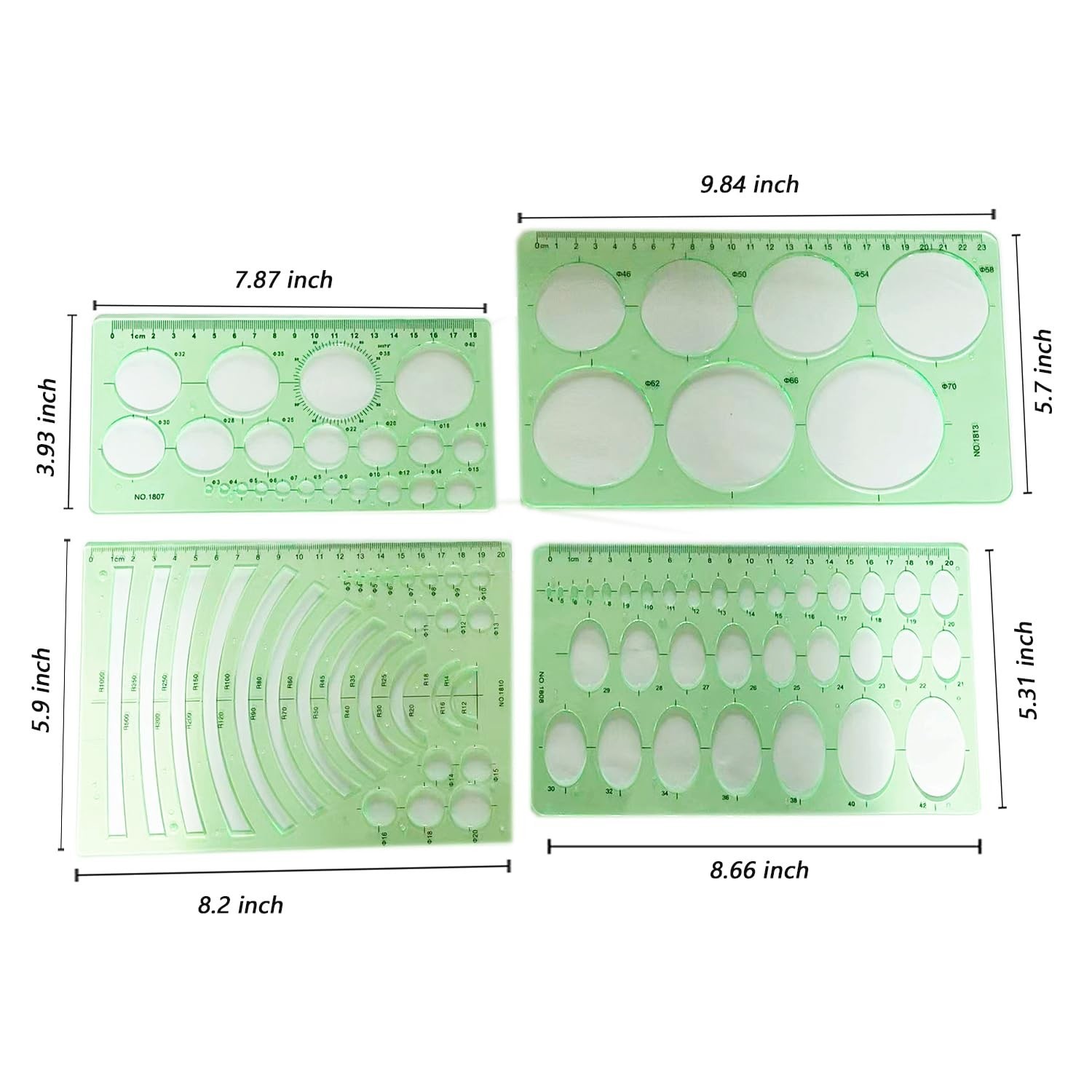 4PCS Circle Oval Radius Template Plastic Drawing Templates Clean Green Measur...