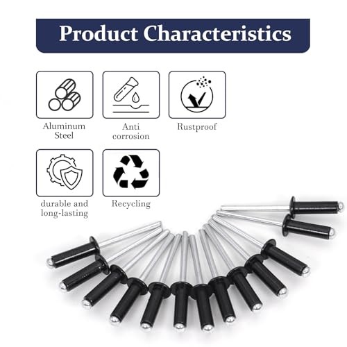 970Pcs Pop Rivets with Washer Assortment Kit, 14 Sizes Rivets 970/set Black