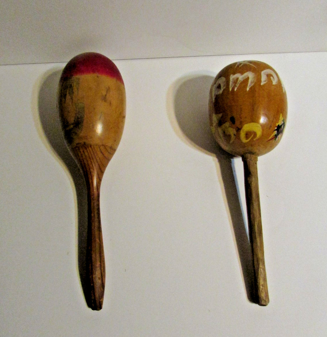 Lot Of 2 Vintage Original Hand Painted Wooden Maracas 10.5" & 11.5"