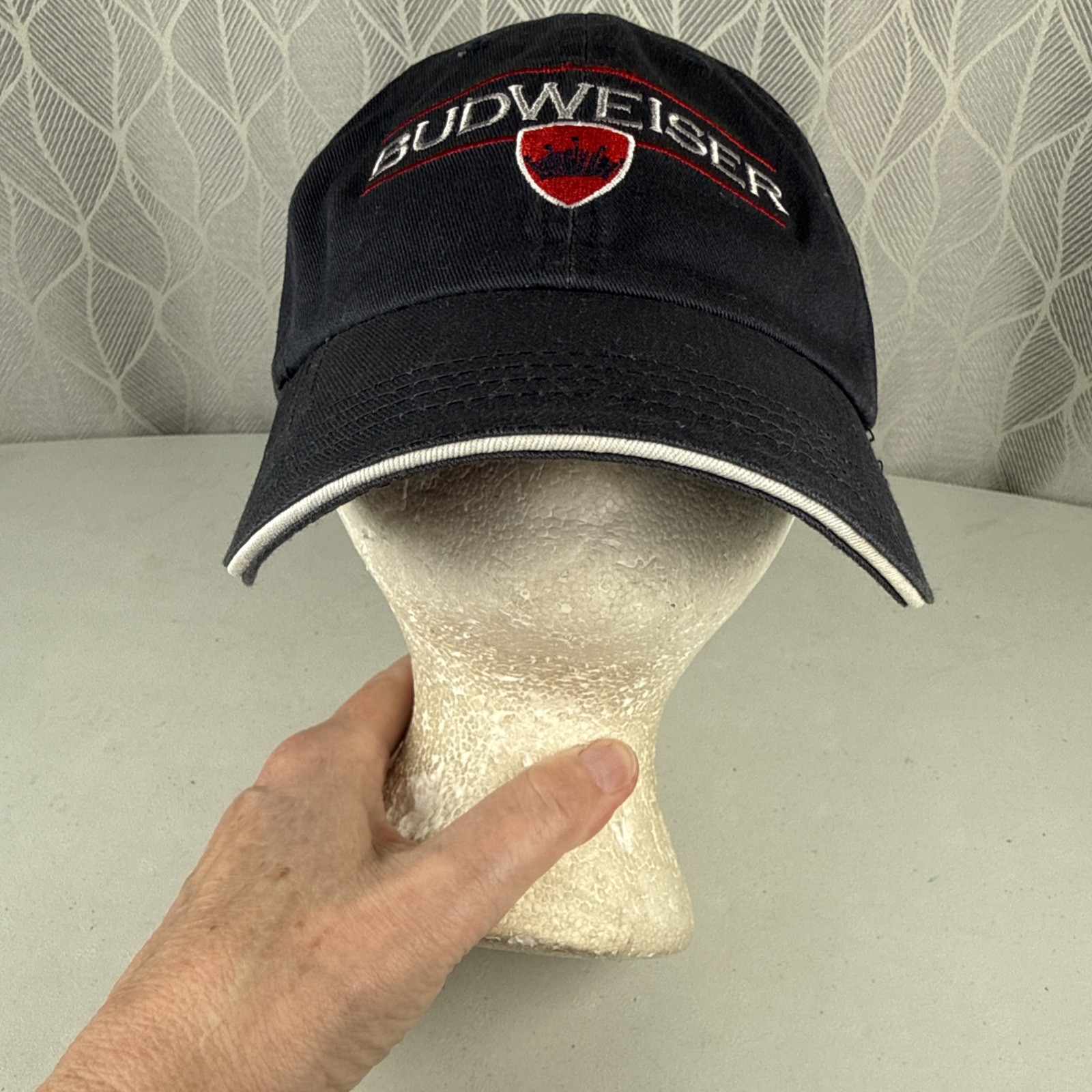 BUDWEISER White Red Shield Logo on Navy Hat Cap Cotton Hook Loop White Bill Edge