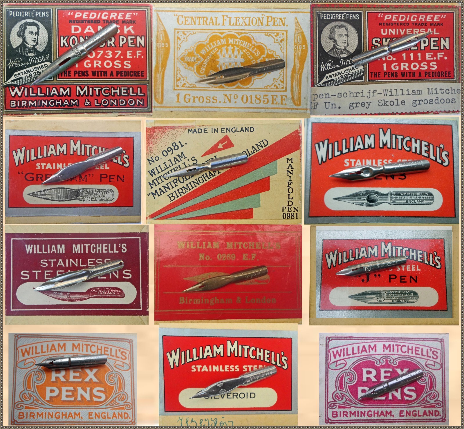 12 vintage William Mitchell's nibs e.g. Central Flexion, Arden,Kontor, Gresham