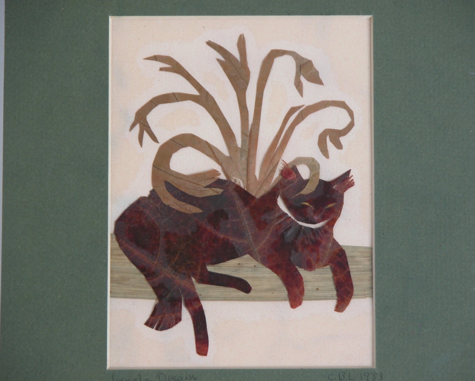 CAT ART KITTEN Charlotte Lewis 1962-2011 JUNGLE DREAM Vtg Mixed Media Leaf
