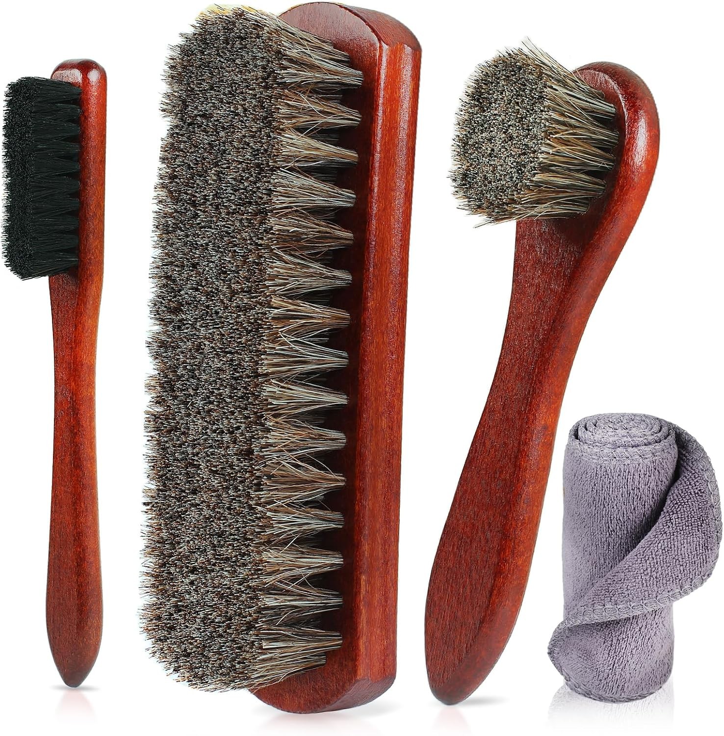 4-Piece Horsehair Shoe Brush Shine Kit - for Leather, Premium Shoe Polish brush