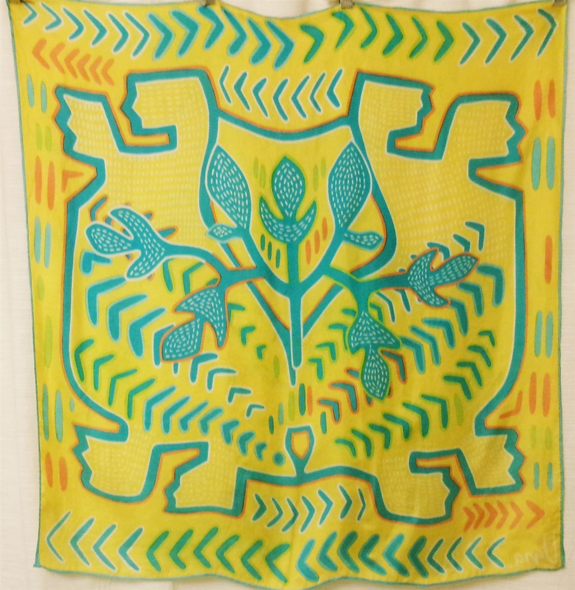 Vera Neumann Silk Scarf Mola Yellow Turquoise Abstract Design Japan EUC 30" RARE