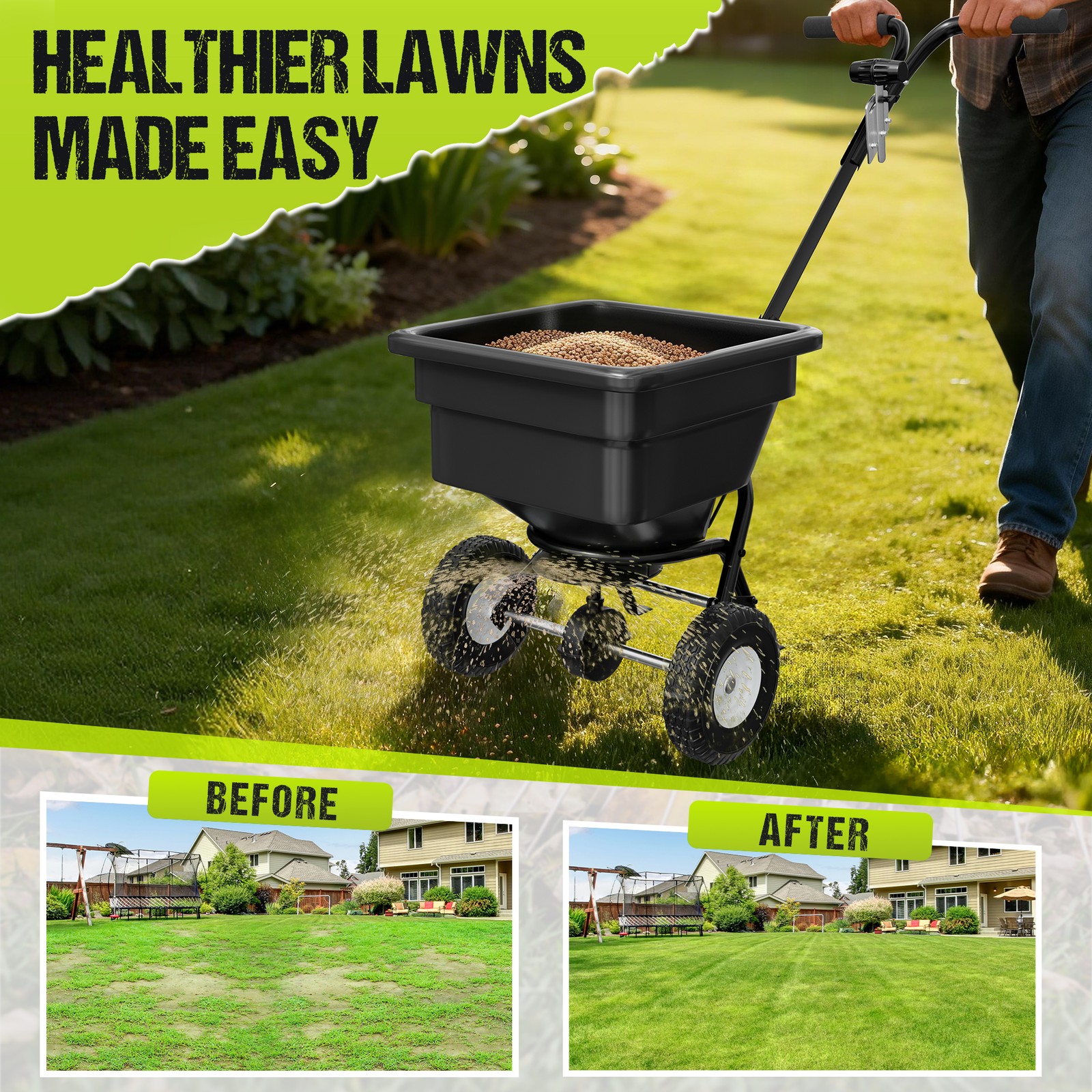 100LB Walk Behind Push Broadcast Spreader Capacity 0-9.10ft Spreading Width USA