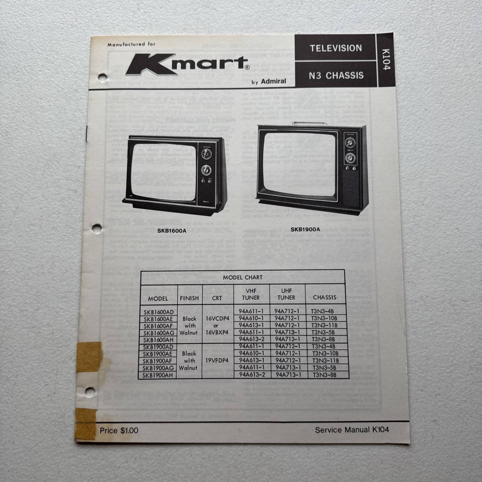 Kmart Admiral Television N3 Chassis Tv Models SKB1600A  & SKB1900A  Manual