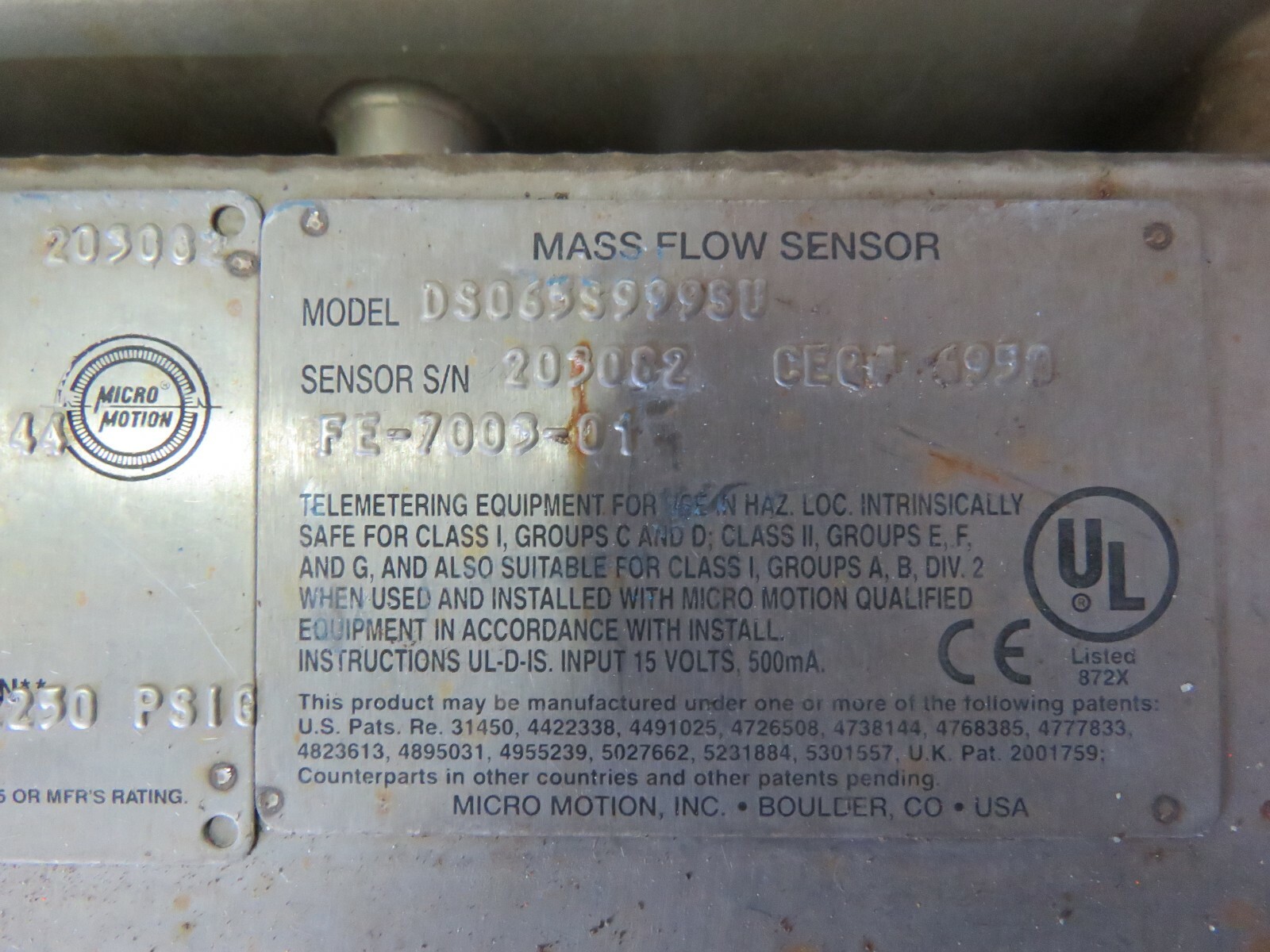 MICRO MOTION FLOW SENSOR DS065S999SU USED