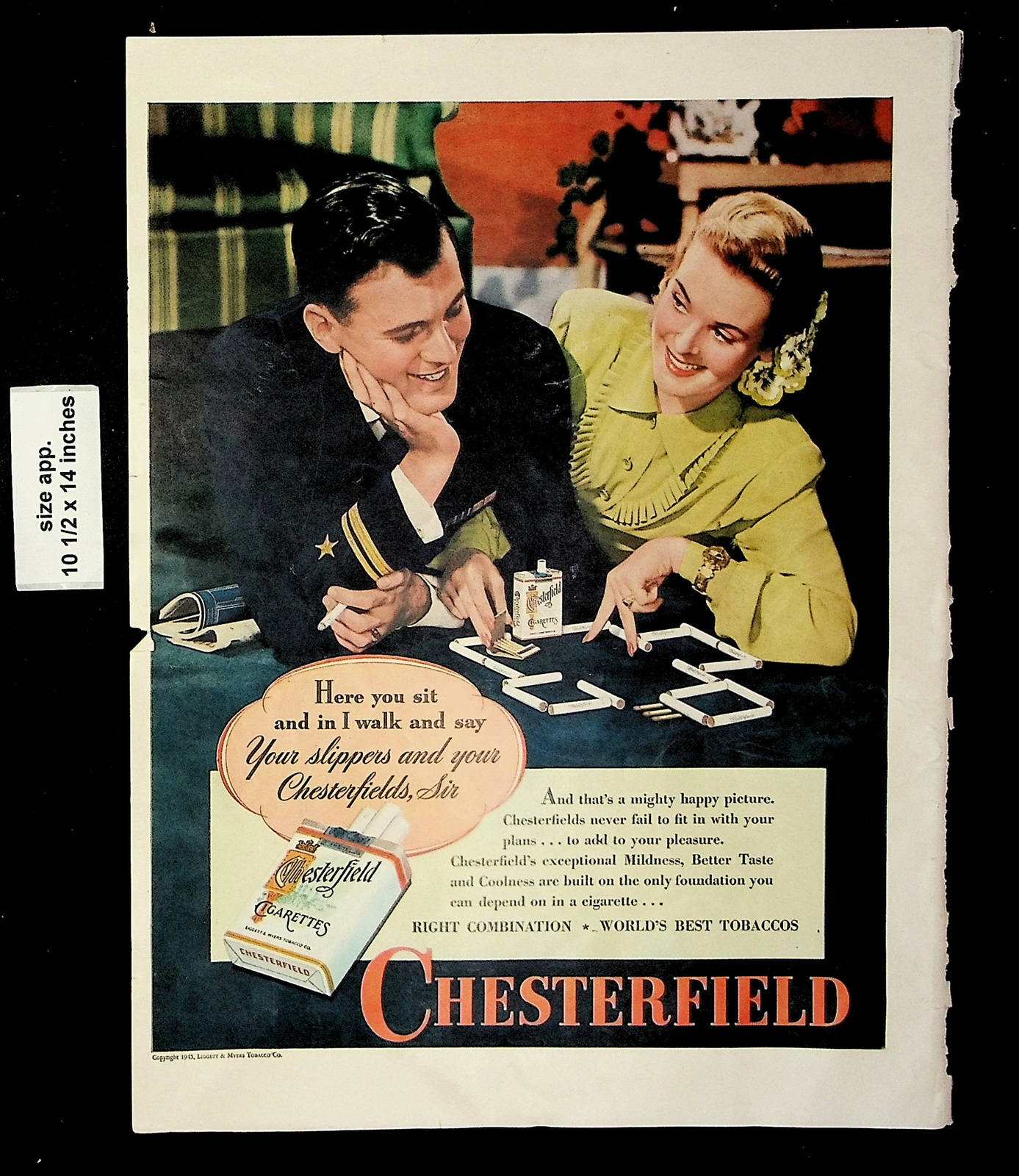 1945 Chesterfield Cigarettes Tobacco Game Man Woman Vintage Print Ad 22820