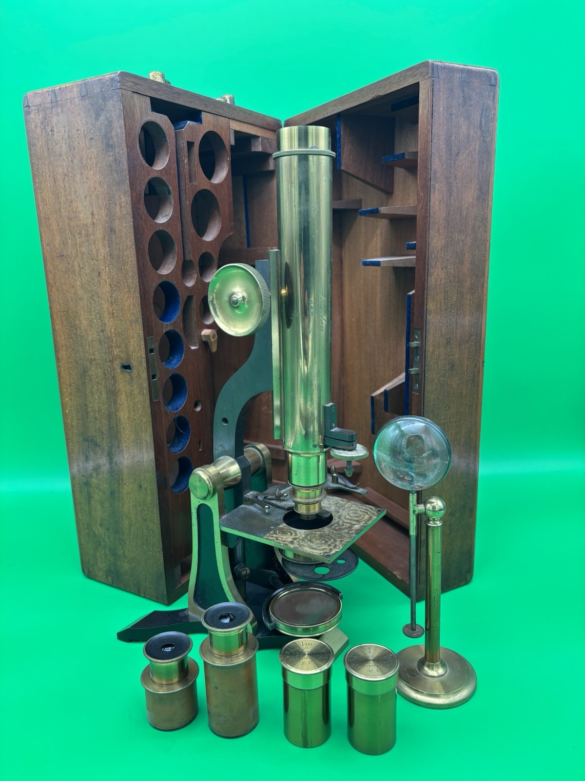 c.1871 H. Crouch London Antique Brass Microscope #689 Case Accessories