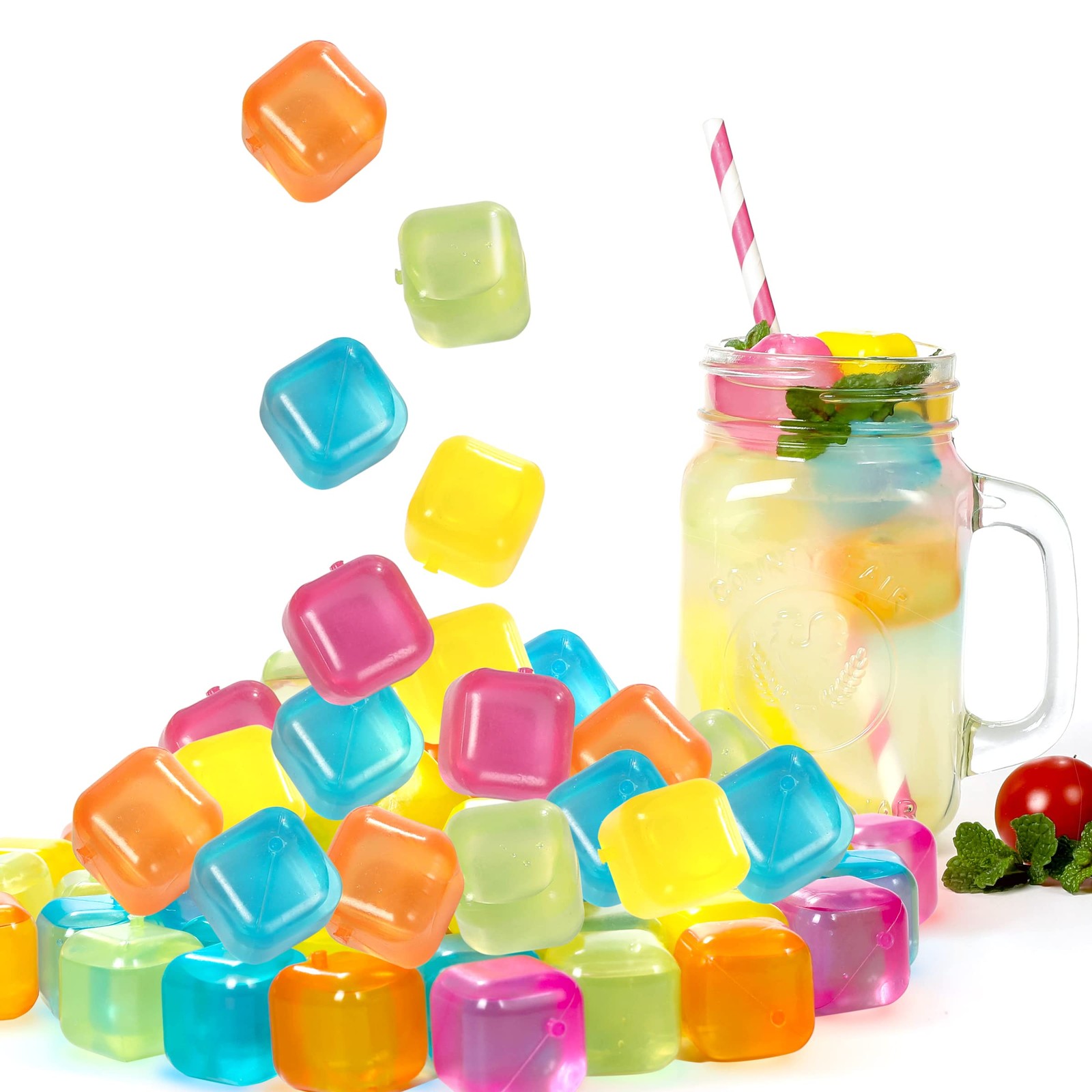 Reusable Ice Cube Plastic Ice Cubes 65 Pack Colorful Refreezable Ice Cubes fo...