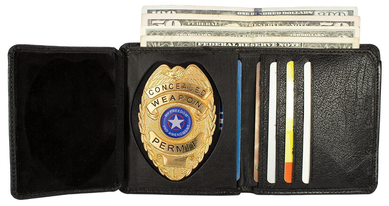 Genuine Leather Trifold Badge Holder Wallet Shield Law Enforcement Wallet Black