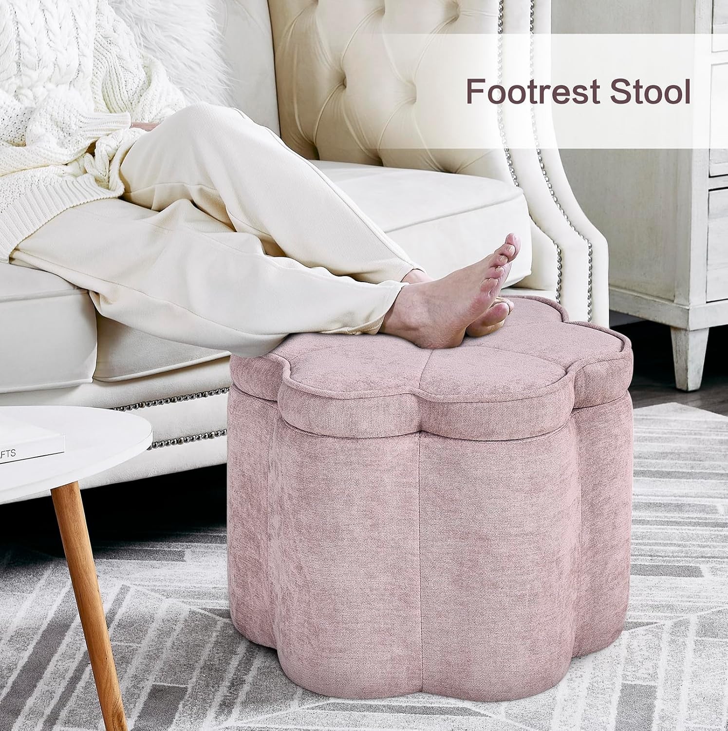 Small Pink Storage Ottoman Flower Shape Chenille Ottoman Pouf