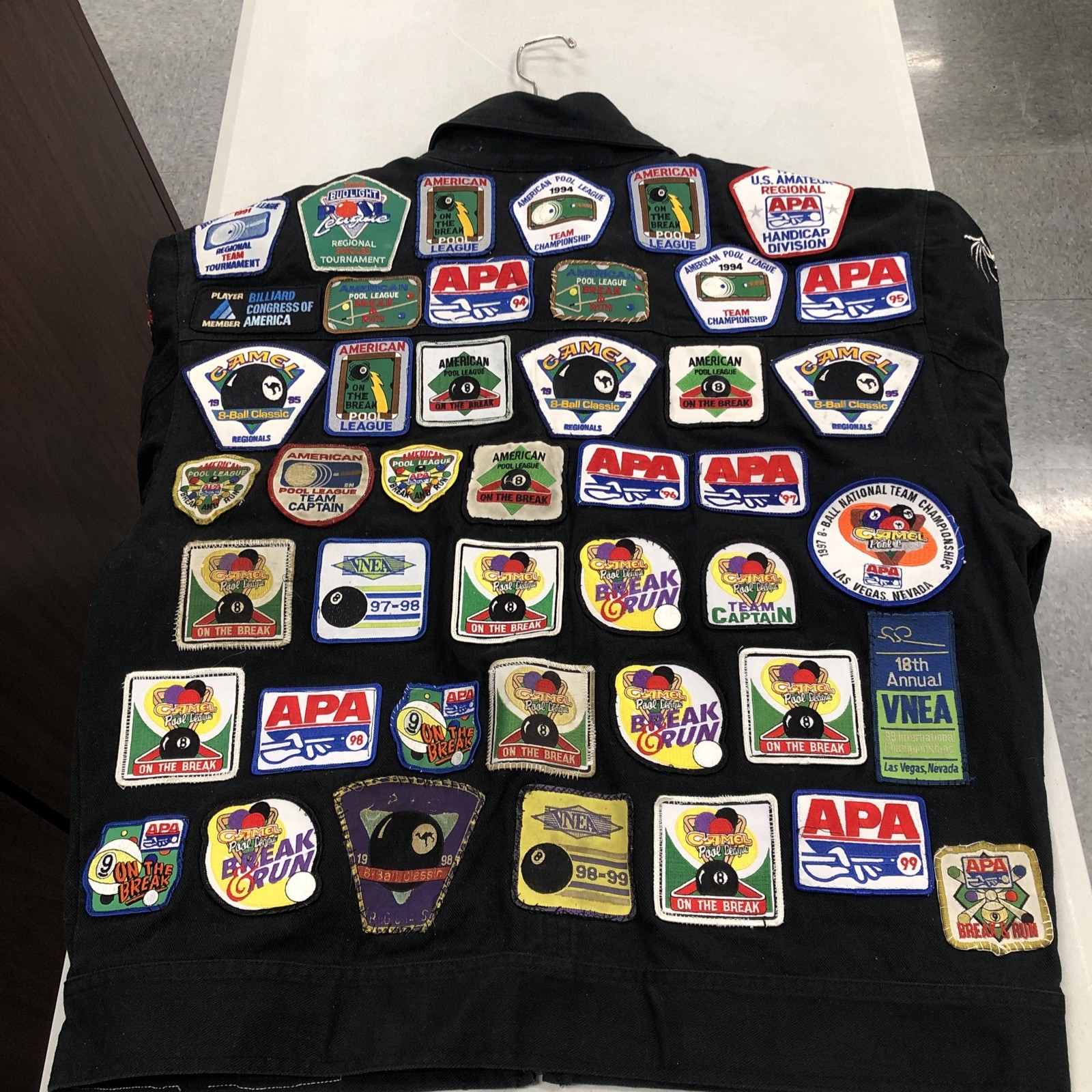 macgregor Rare All Over billiards pool patches Black denim jacket VTG L 2 Sided