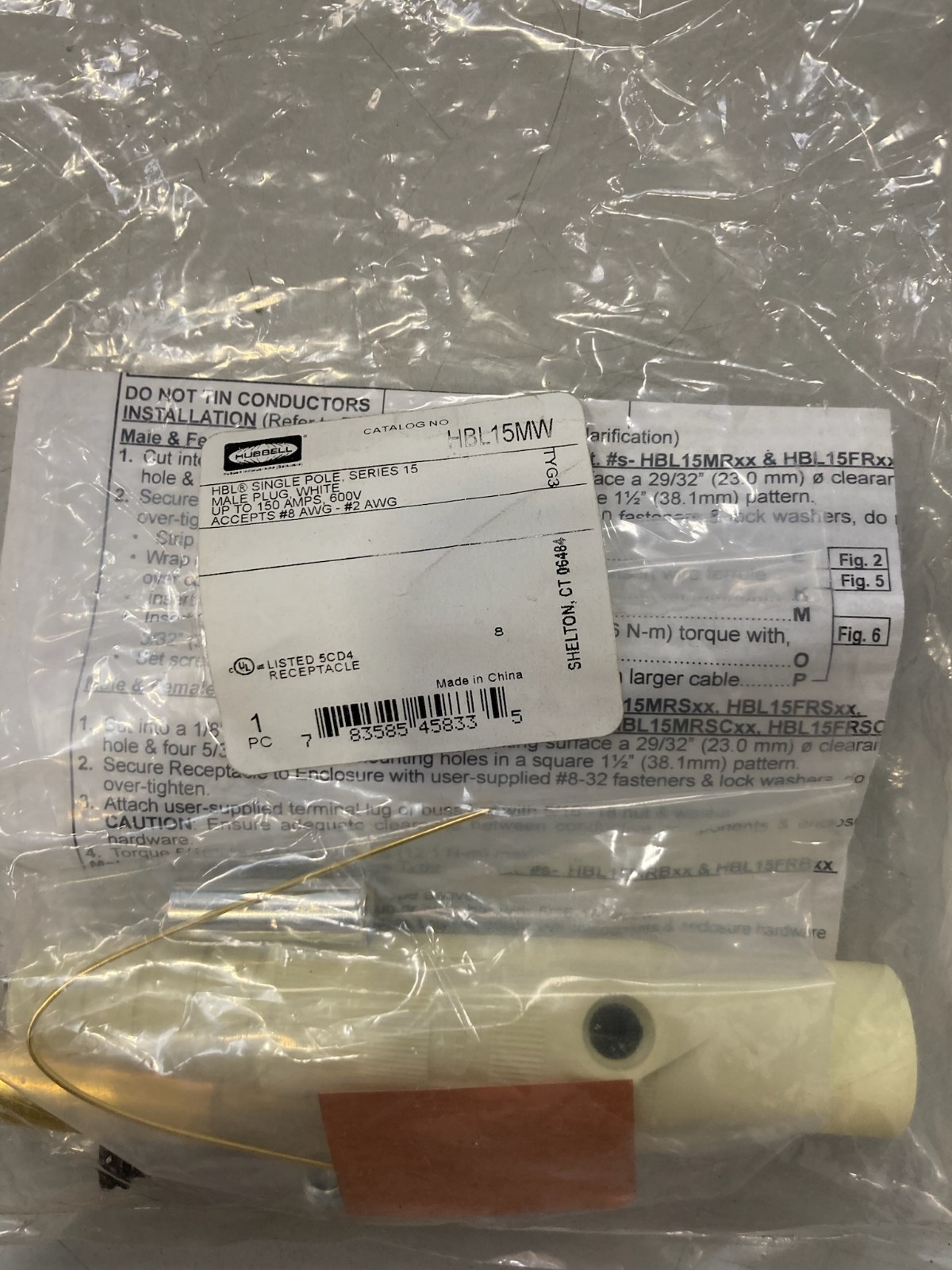 Hubbell HBL15MW Single Pole Series 15 Male Plug