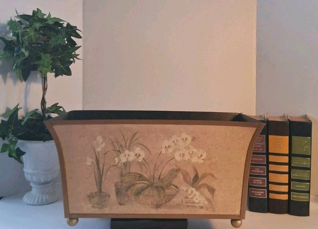 Vtg! Footed Metal Jardinière Planter w/Handpainted Cheri Blum Art Print;EUC/Mint