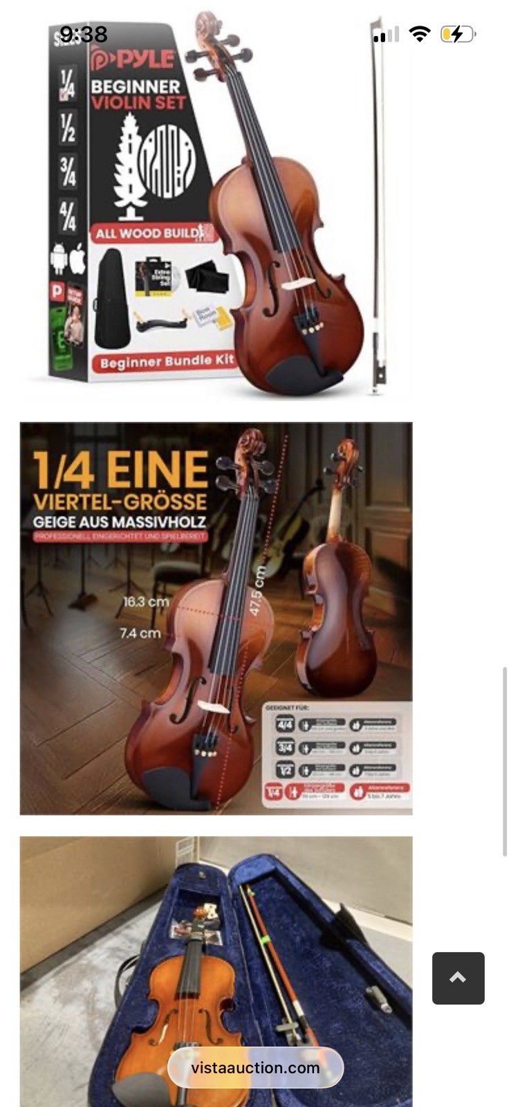 Pyle 1/4 Acoustic Beginner Violin Set w/ Bow, Case, Strings, Shoulder Rest