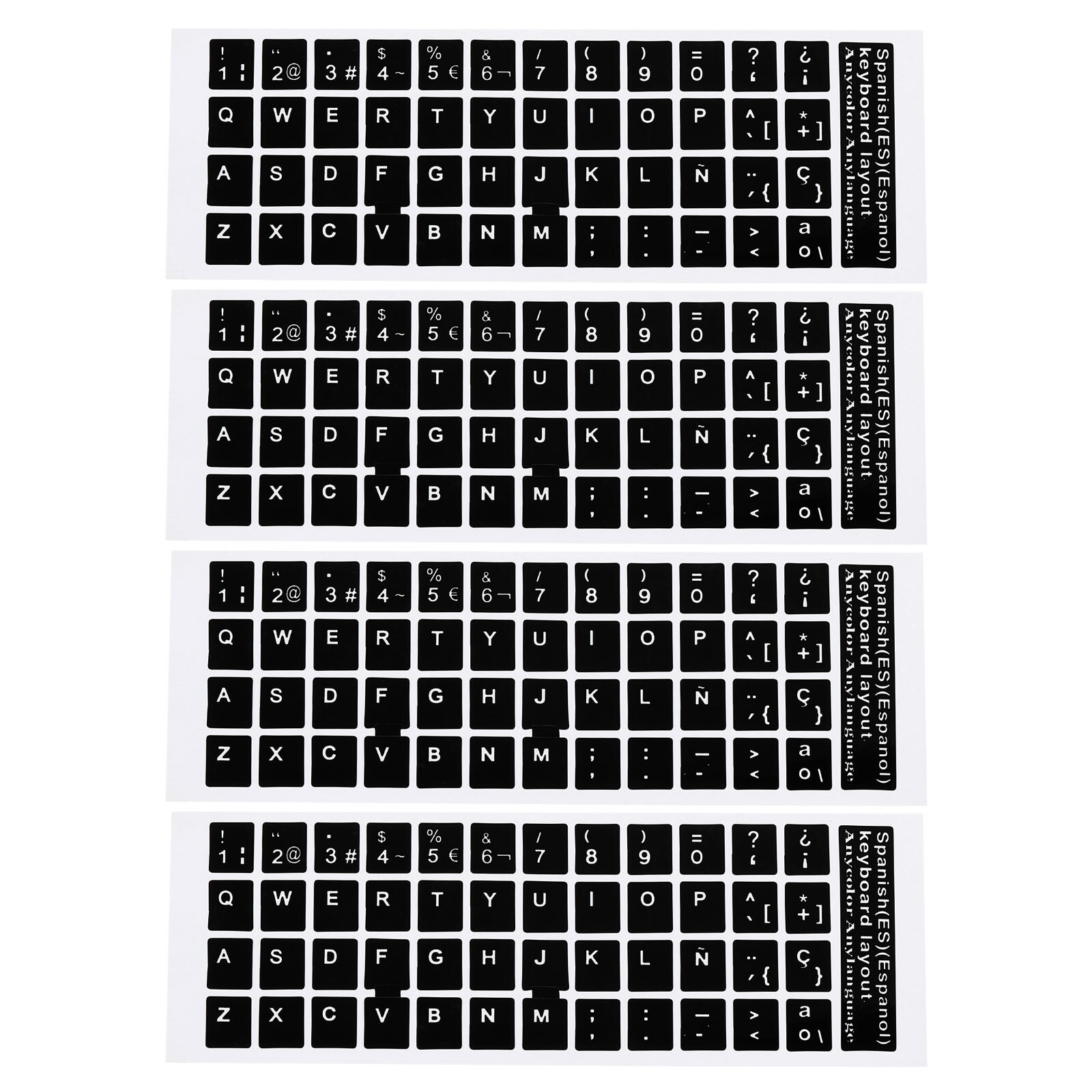 Spanish Keyboard Stickers Cover Smooth, Black Background White Lettering 4pcs