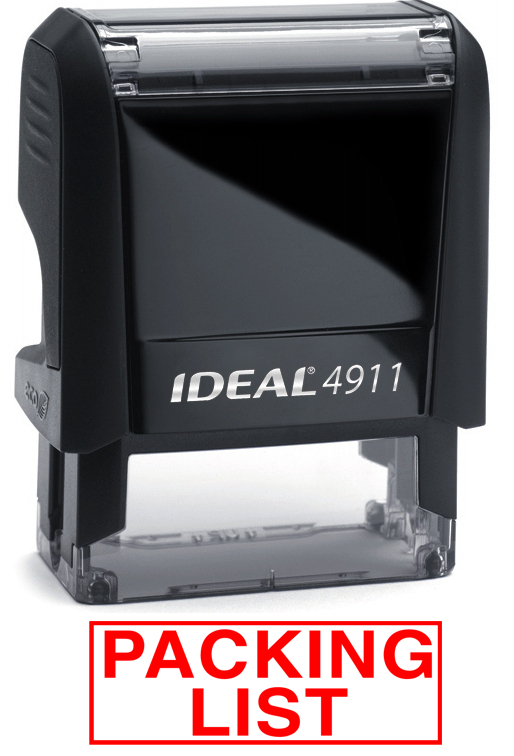 PACKING LIST stamp text on an IDEAL 4911 Self-inking Rubber Stamp with RED INK