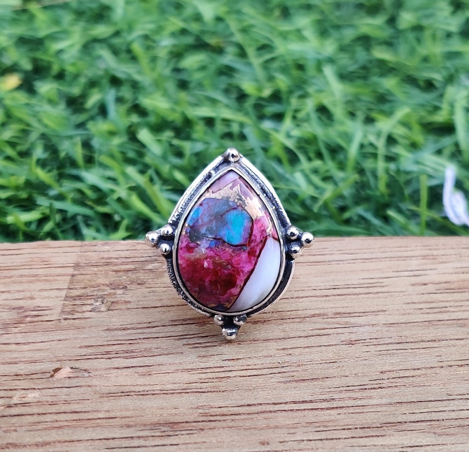 Pink Copper Turquoise Ring 925 Sterling Silver Lovely Ring Size 7 MO5602