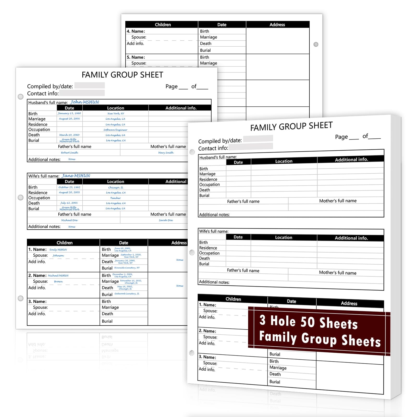 50 Sheets 3 Hole 12th Generation Family Group Sheets 8.5×11 inch Blank Geneal...
