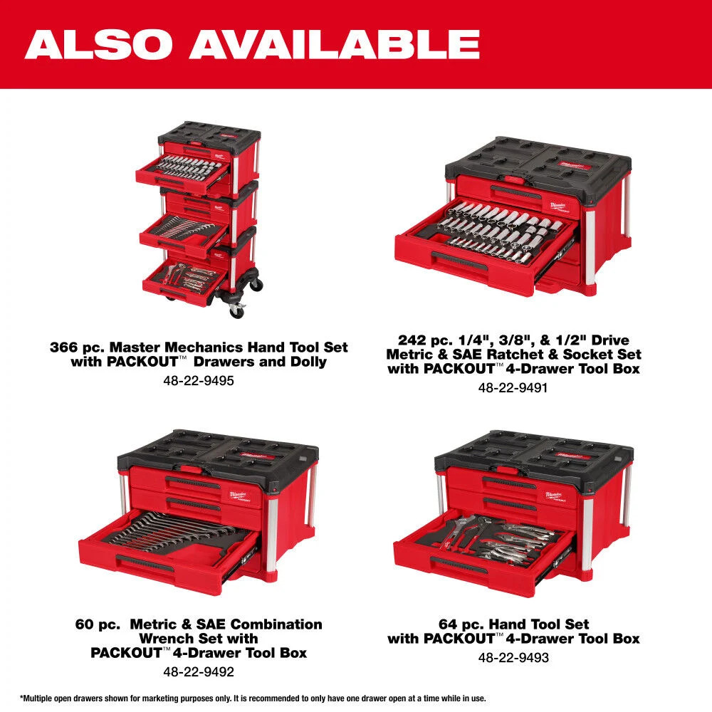 Milwaukee Hand Tool Set With Packout 4 Drawer Tool Box, 64 Pieces