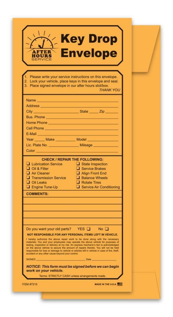 Key Drop Envelopes 4 1/8" x 9 1/2" Service Departments #7215