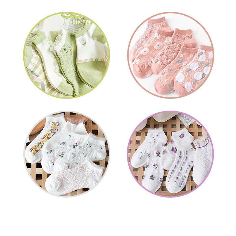5 Pack Ladies Ankle Socks Cotton Floral Lace Short Breathable Socks Summer