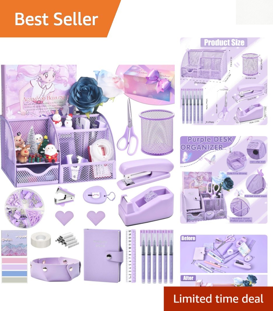 Stylish Purple Desk Organizers with 26 Essential Office Supplies - Gift Ready