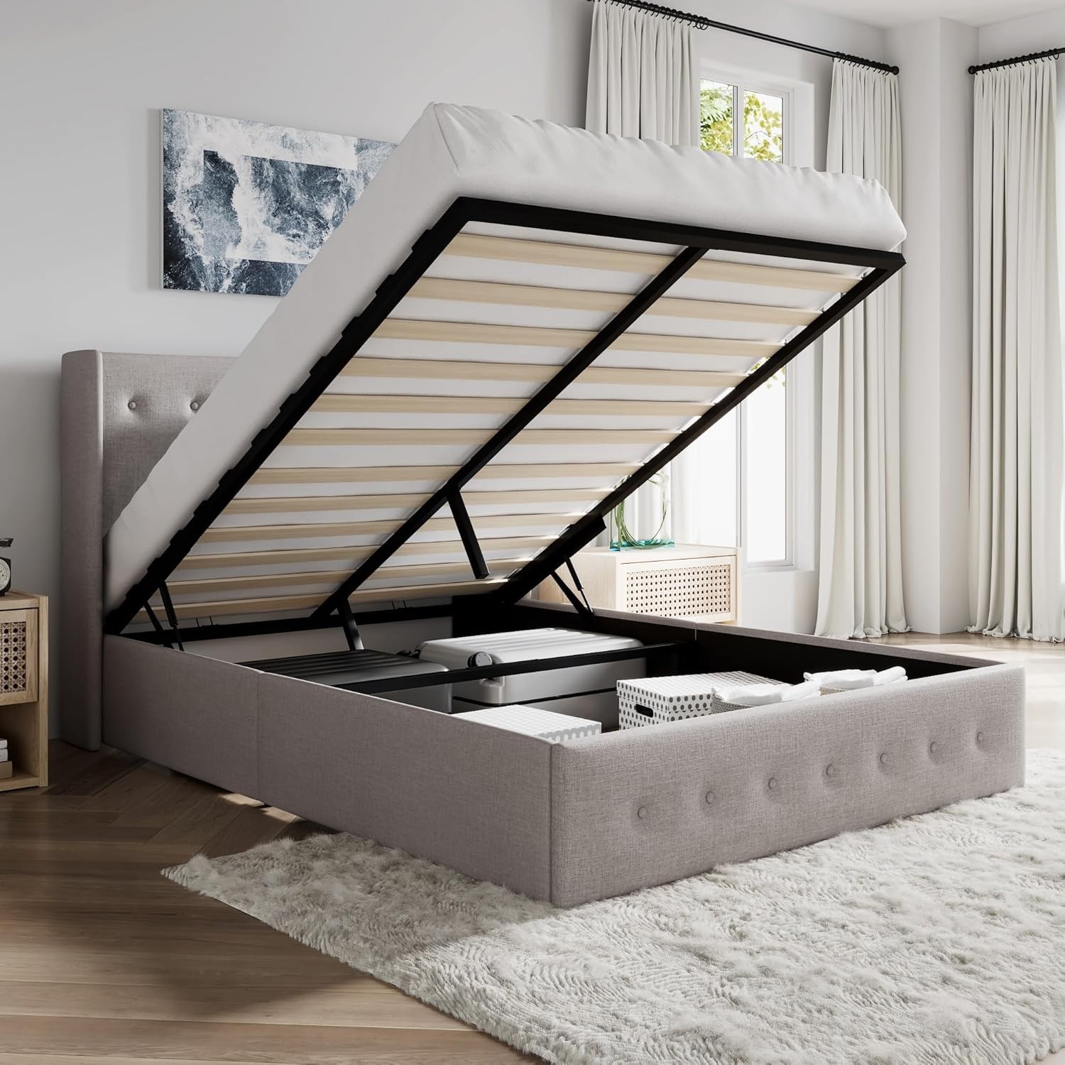 SHA CERLIN Queen Lift Up Storage Bed Frame Upholstered Wingback Headboard Beige