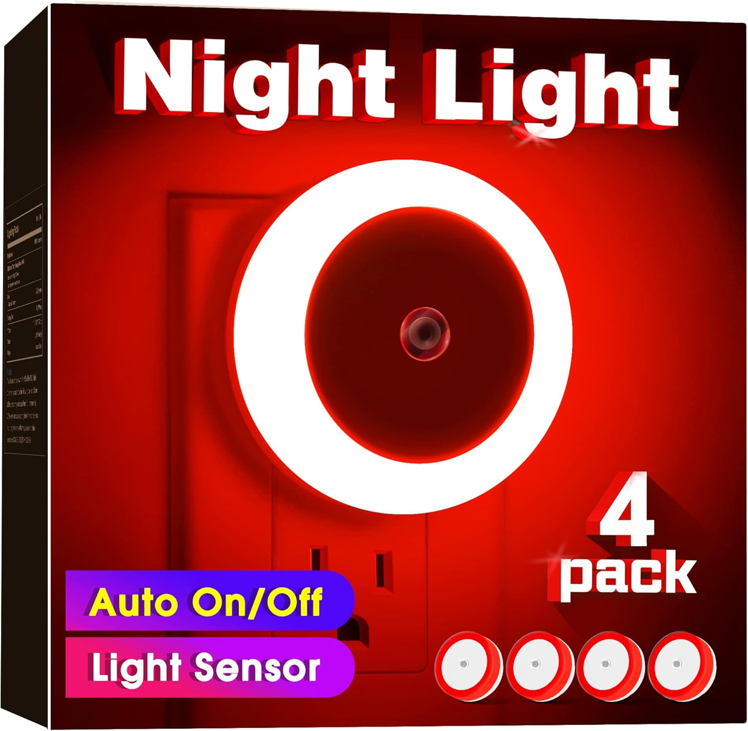 Briignite 4 Pack Red LED Night Light, Dusk to Dawn Sensor, Plug In, 60 Lumens, 0