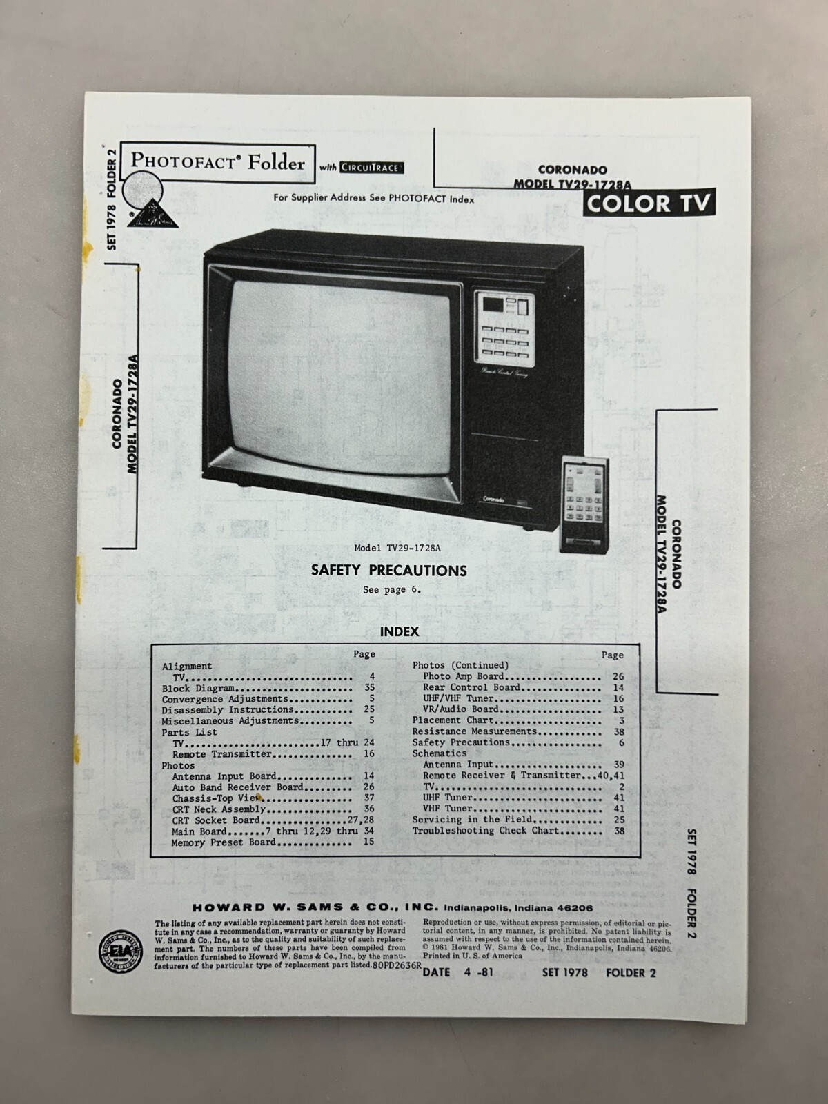 Coronado TV29-1728A Service Manual Sams Photofact Free Shipping
