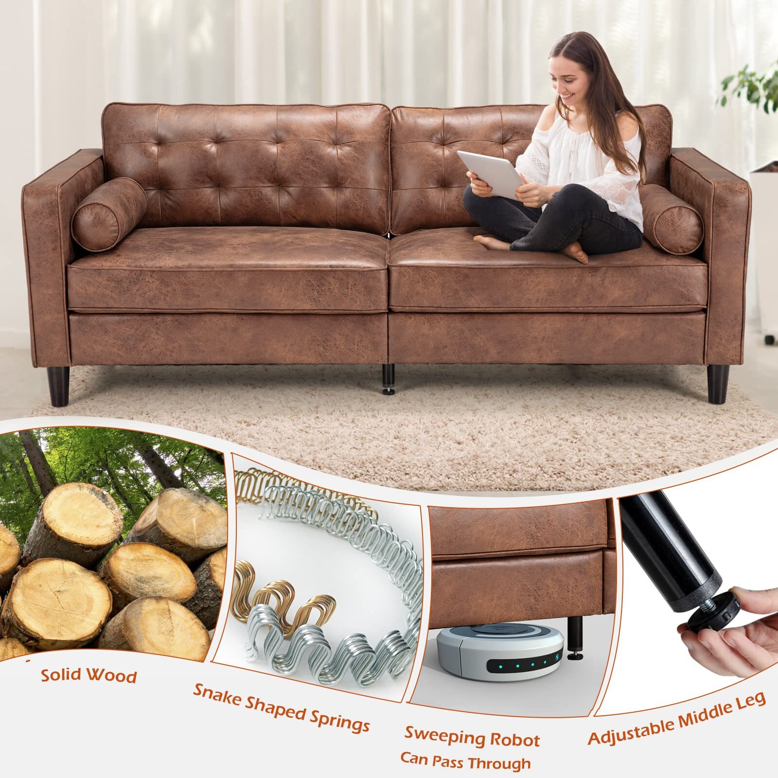 84.2'' Mid-Century Modern Sofa Comfy Sofa Couch With 2 Pillows for Living Room