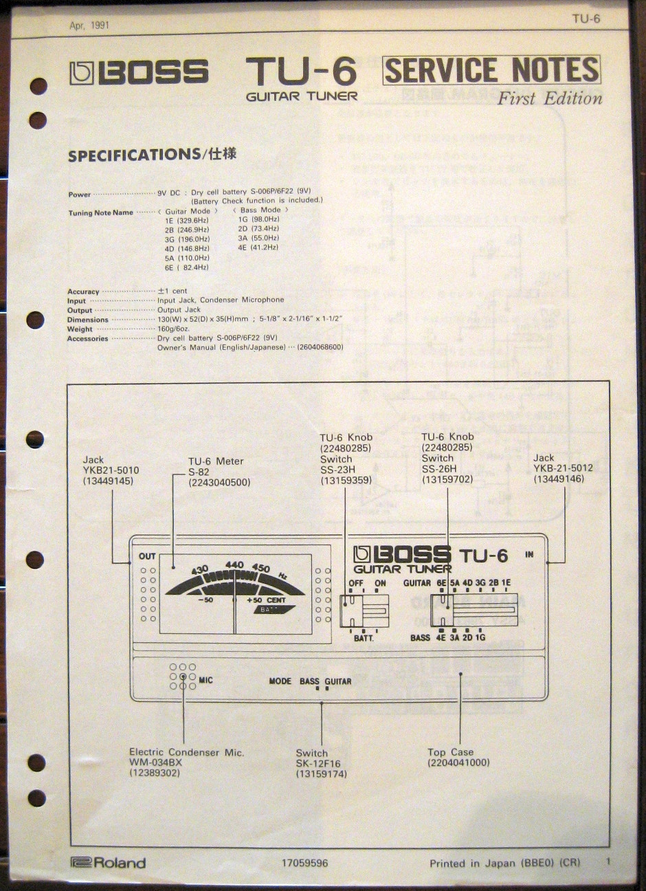 Boss TU-6 Guitar Tuner Original Service Manual Booklet, Circuit Diagram, More