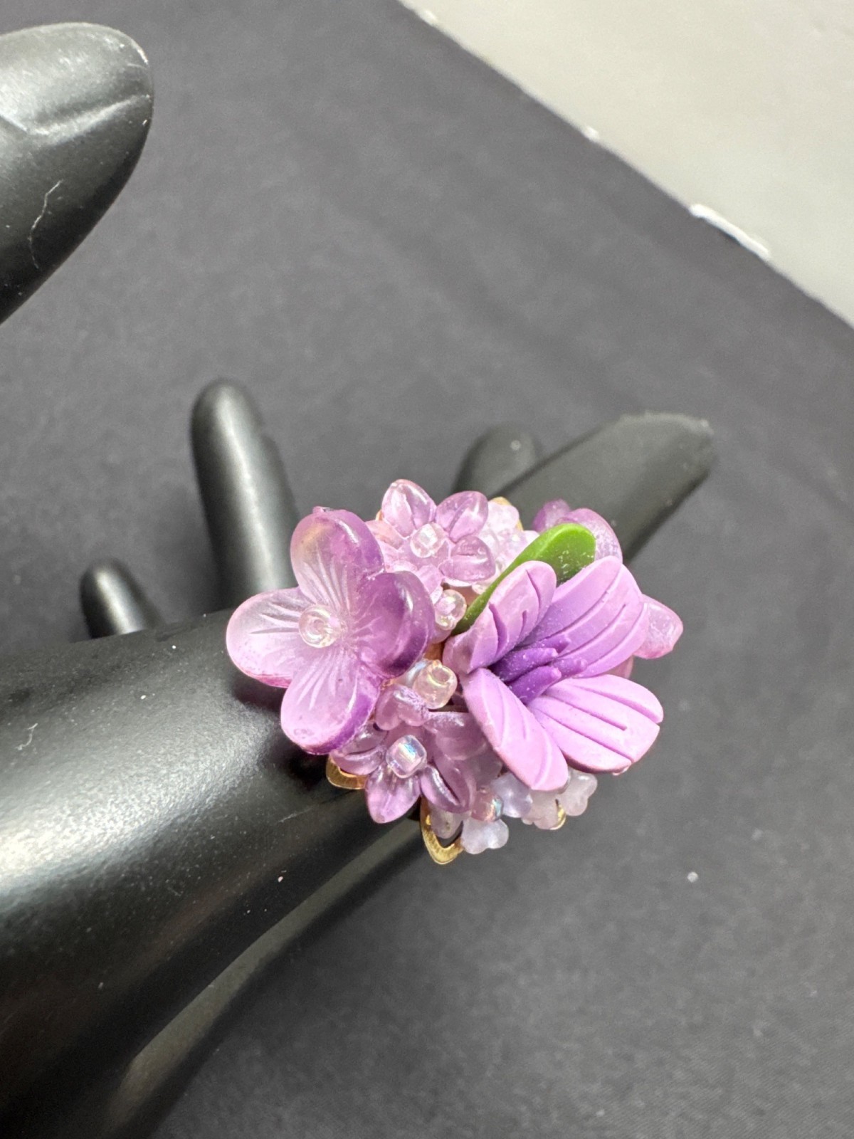 Artisan Handcrafted Purple Lilac Flower Cluster Ring Gold Adjustable Statement P