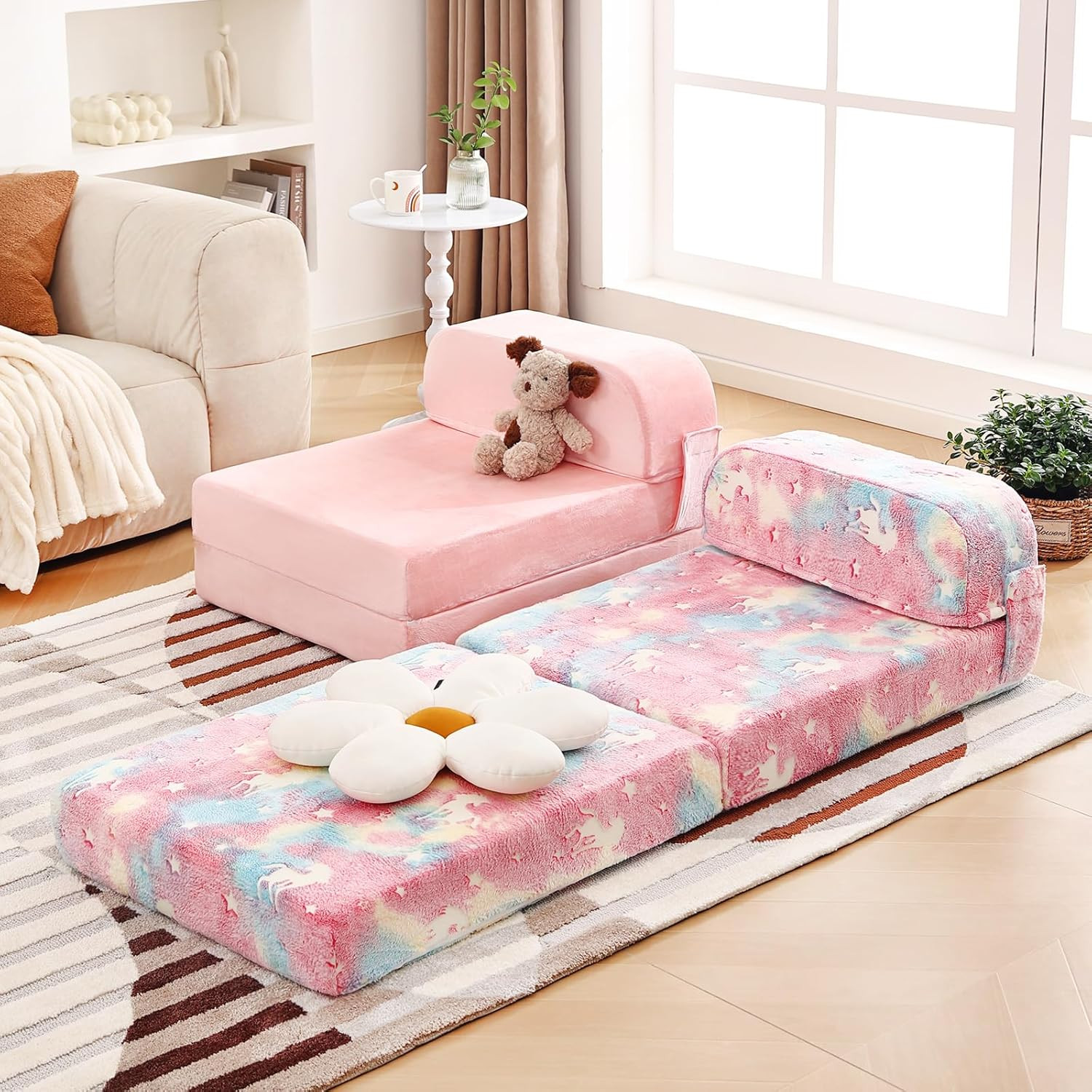 Kids Folding Sofa Bed with Removable Cover - Pink Toddler Couch & Futon Chair