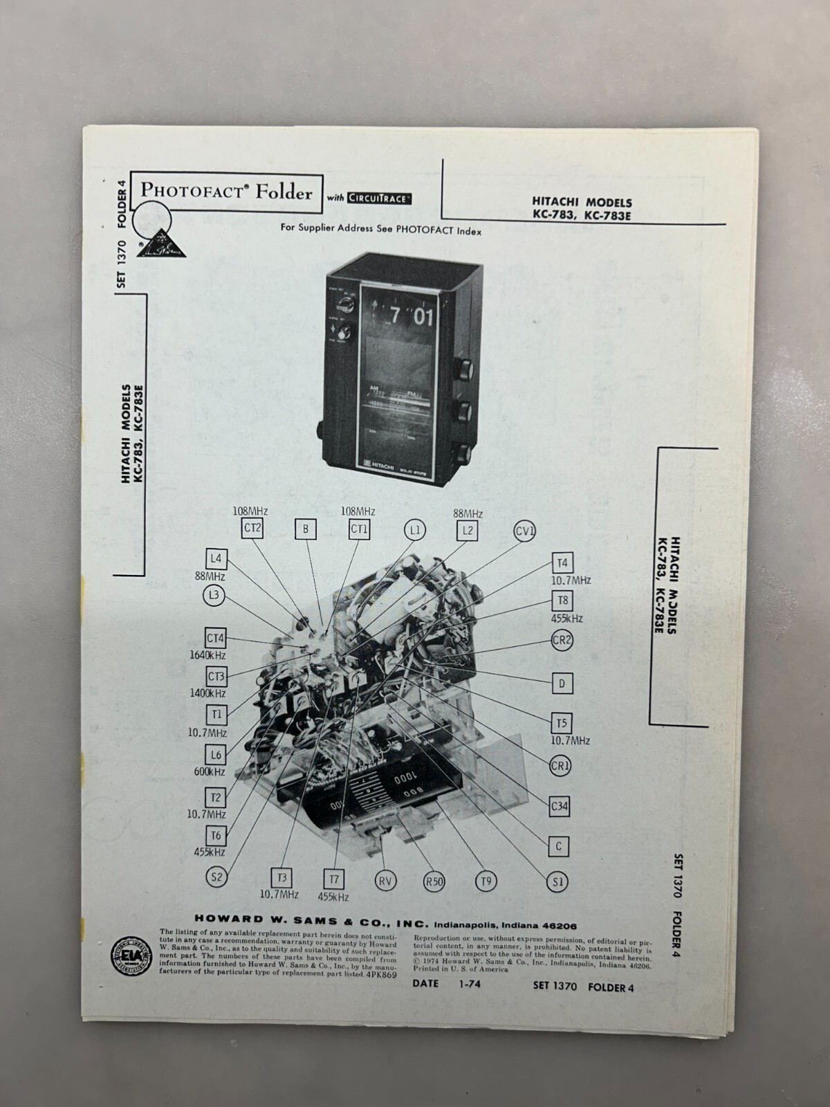 Hitachi KC-783 Service Manual Sams Photofact Free Shipping