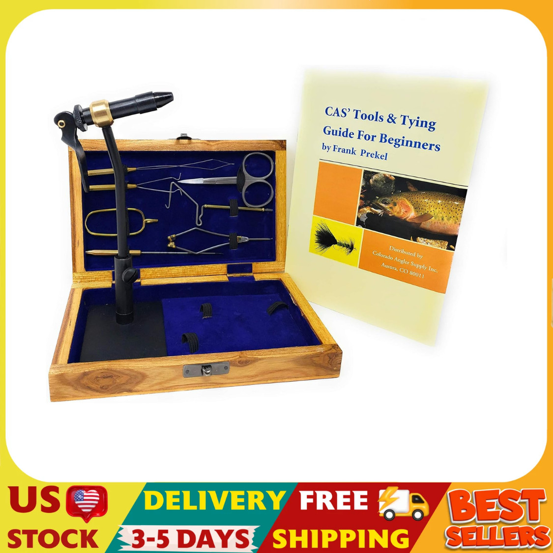 Fly Tying Standard Tool Kit with Wooden Box & Book, Rotary Vise, Bobbin, Scissor