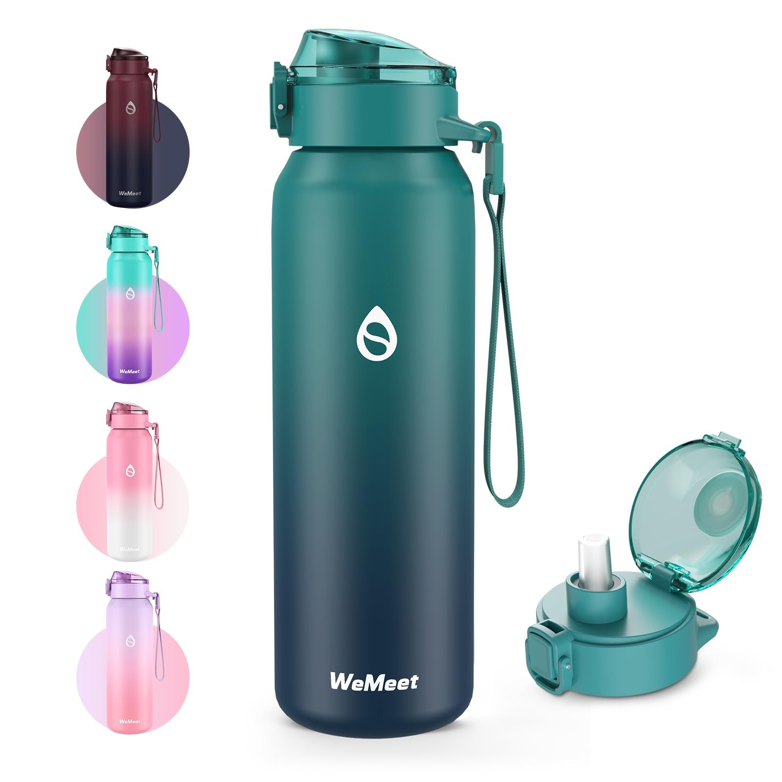 WEMEET 32oz Water Bottle with Removable Straw and 33.8 Ounces, BLUE