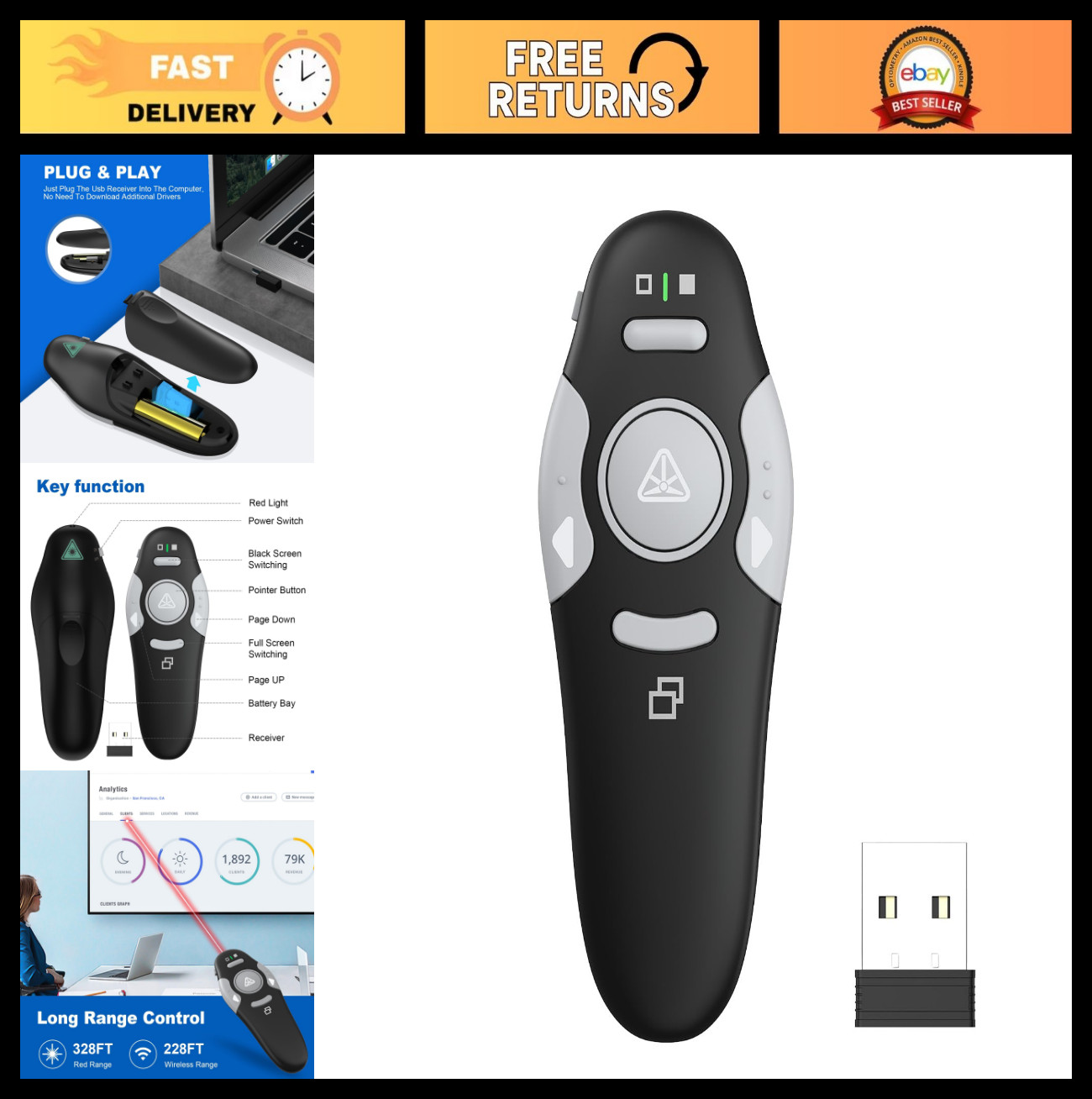 10 Pack Wireless Presentation Clicker Remote - USB Slide Advancer for Office, Cl