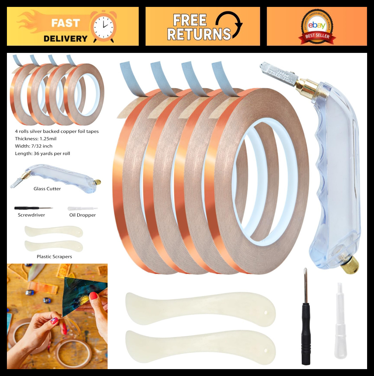 7/32" Copper Foil Tape for Stained Glass Crafts - 4 Rolls, 36 Yards, Glass Cutti