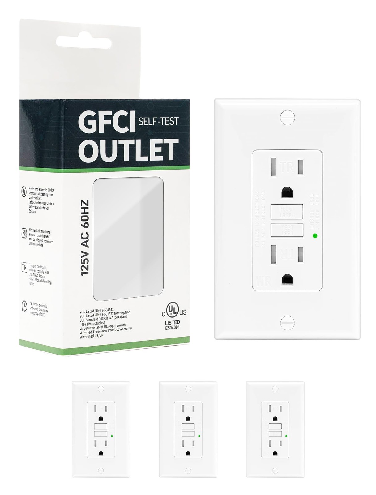 4-Pack 15 Amp GFI Electrical GFCI Outlet Self-Test Tamper Resistant (TR) Weat...