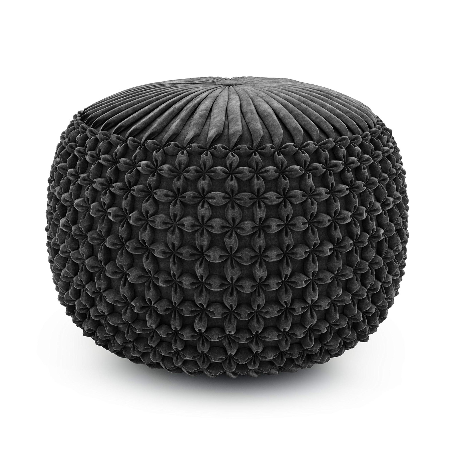 Renee Round Pouf - 20 inch Wide Upholstered Velvet Ottoman in Slate Grey, Boh...